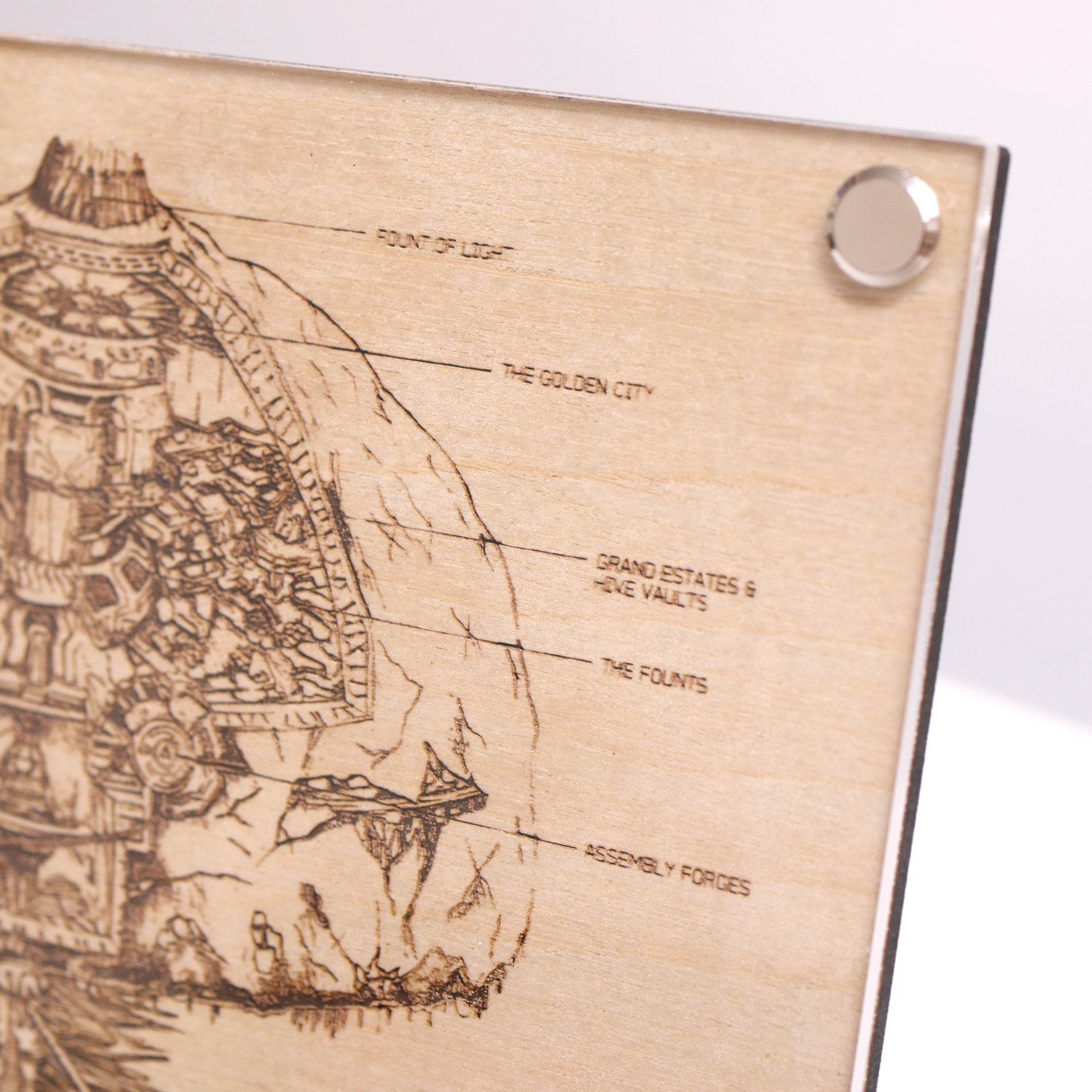 Halo-inspired laser-engraved plaque showcasing the Covenant ship, High Charity, top right corner detail closeup.