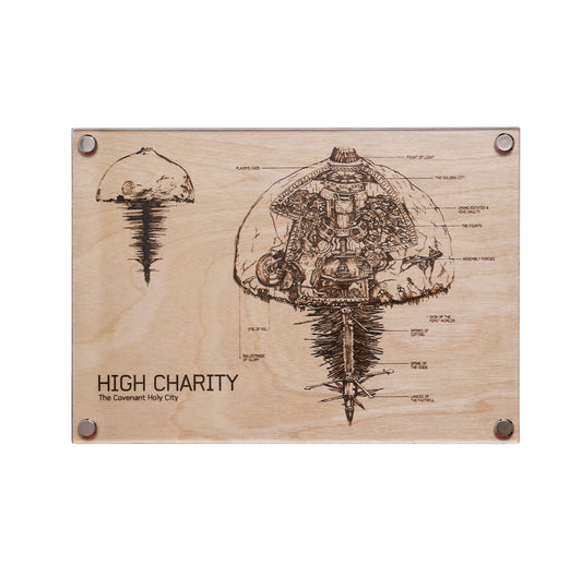 Halo-inspired laser-engraved plaque showcasing the Covenant ship, High Charity, in blueprint detail.