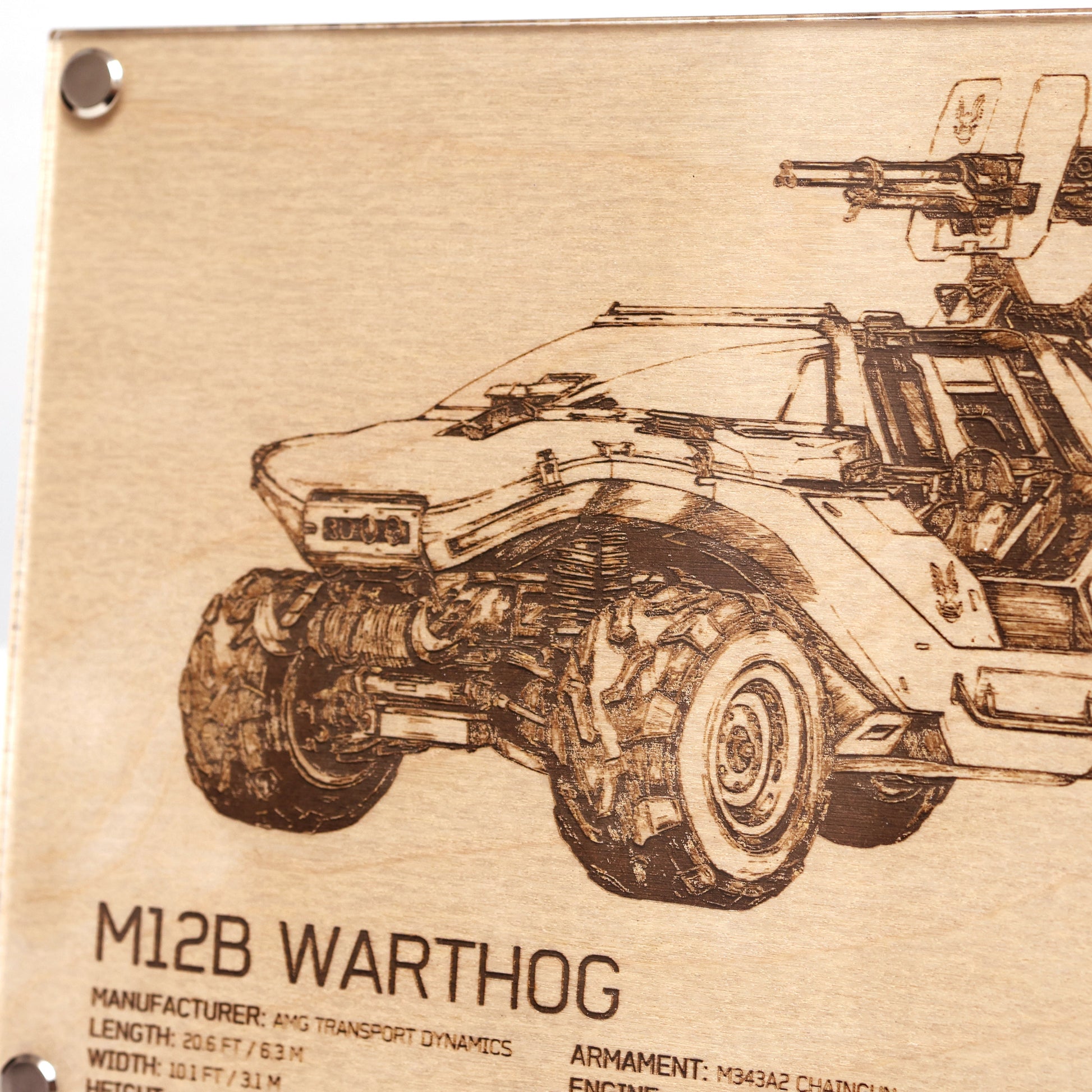 Closeup on upper left corner of laser-engraved Halo UNSC M12B Warthog diagram plaque in LayaBoard frame.