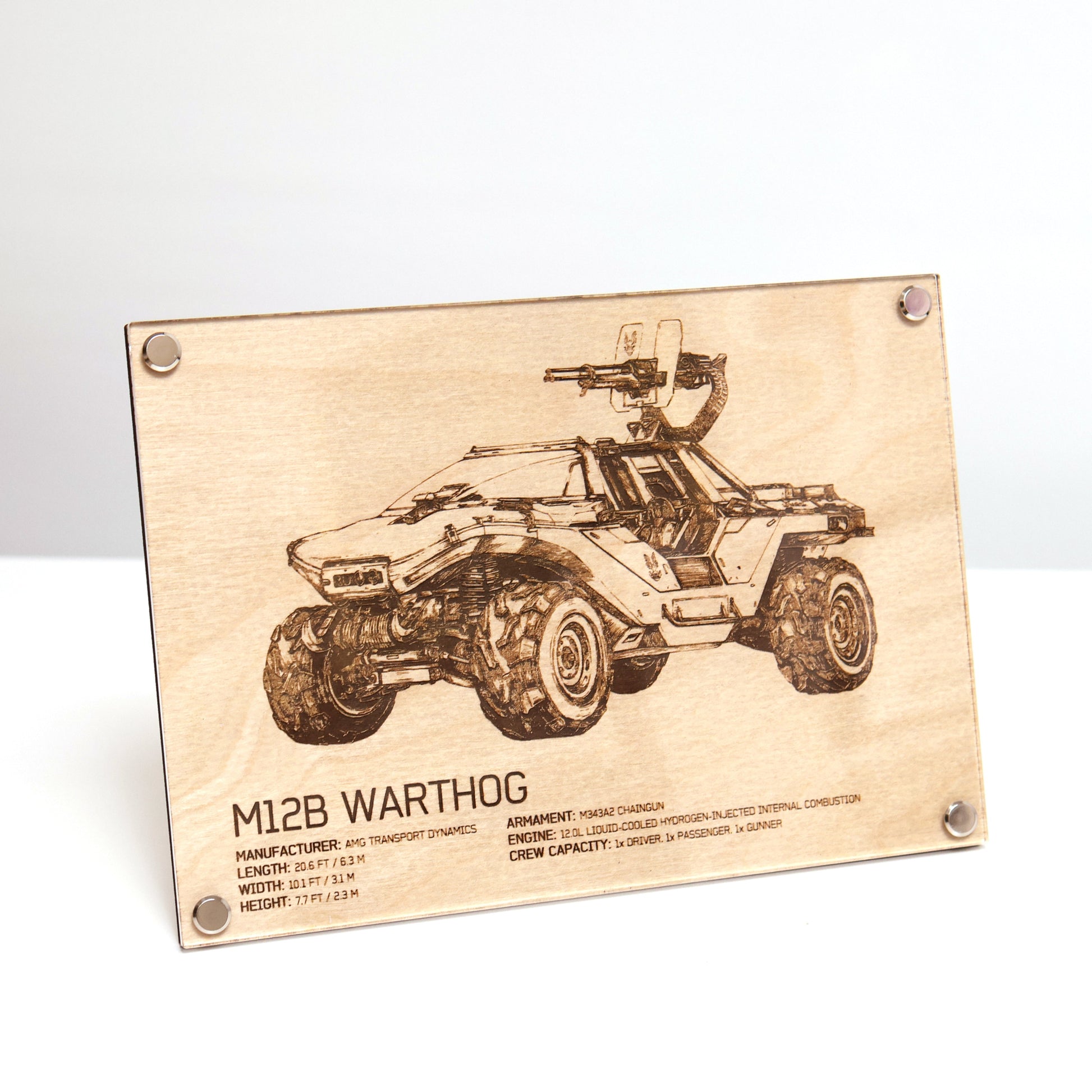 Laser-engraved Halo UNSC M12B Warthog diagram plaque in LayaBoard frame, blueprint-style fan art with specifications displayed on table.