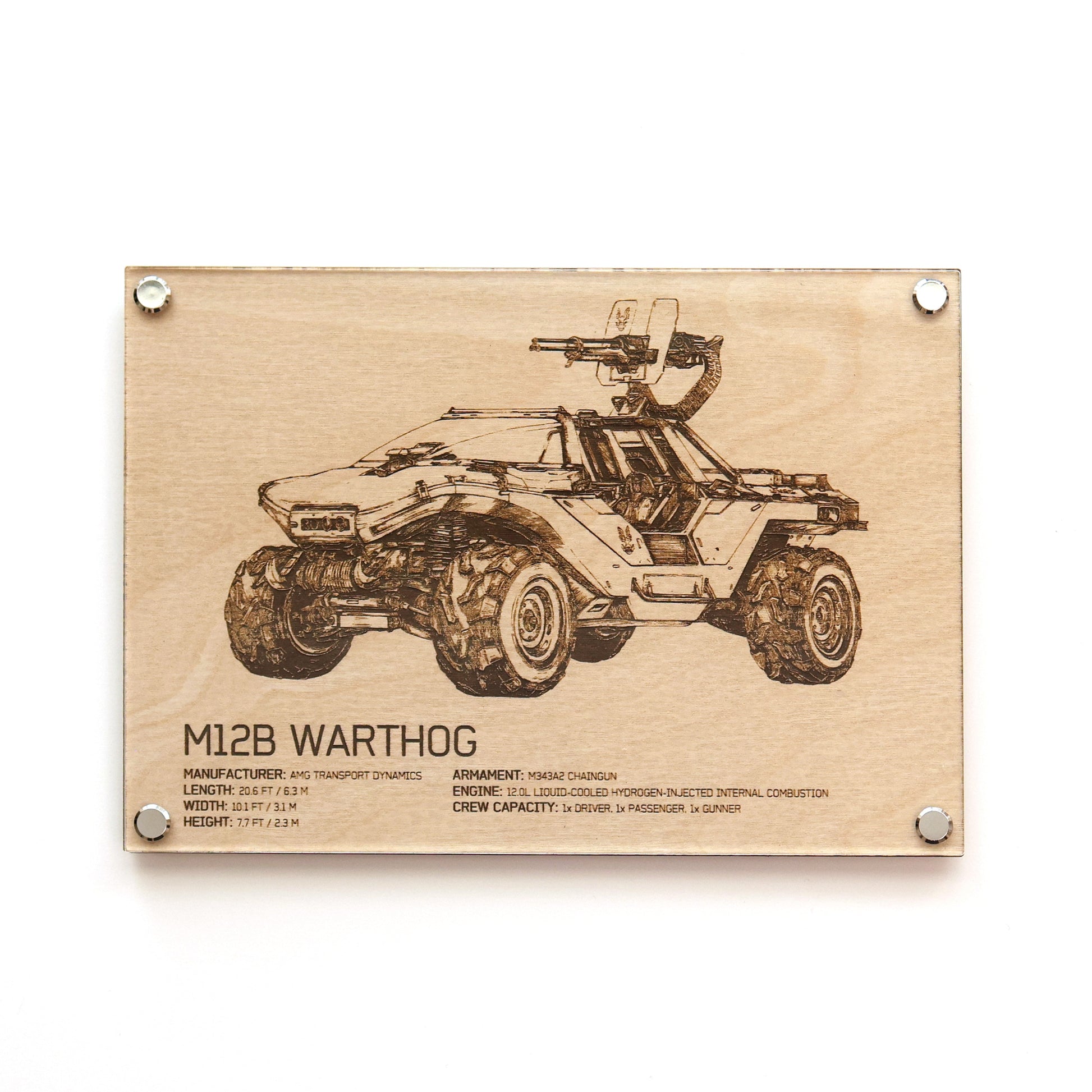 Laser-engraved Halo UNSC M12B Warthog diagram plaque in LayaBoard frame, blueprint-style fan art with specifications.