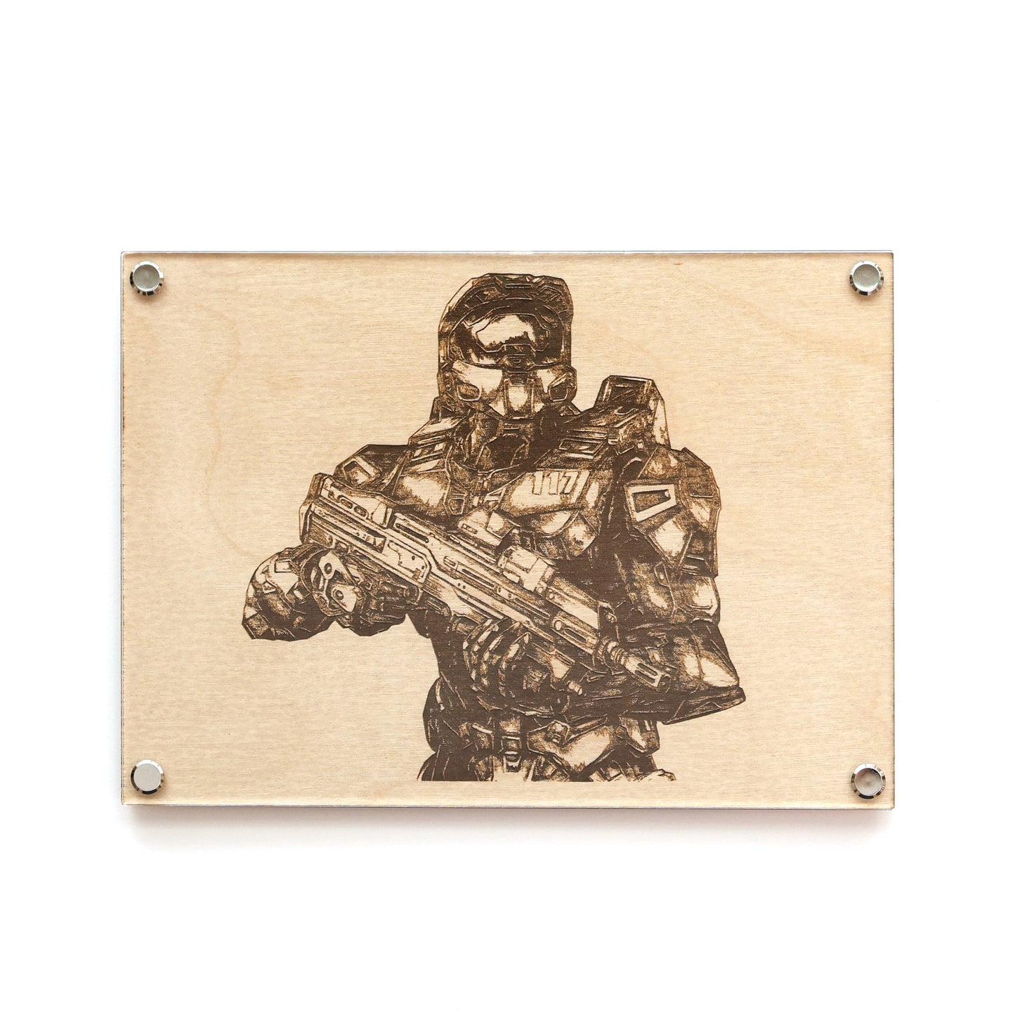 Laser engraved Master Chief portrait plaque in Mark VI armor on birch timbe