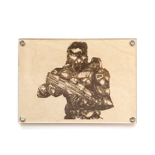 Laser engraved Master Chief portrait plaque in Mark VI armor on birch timbe