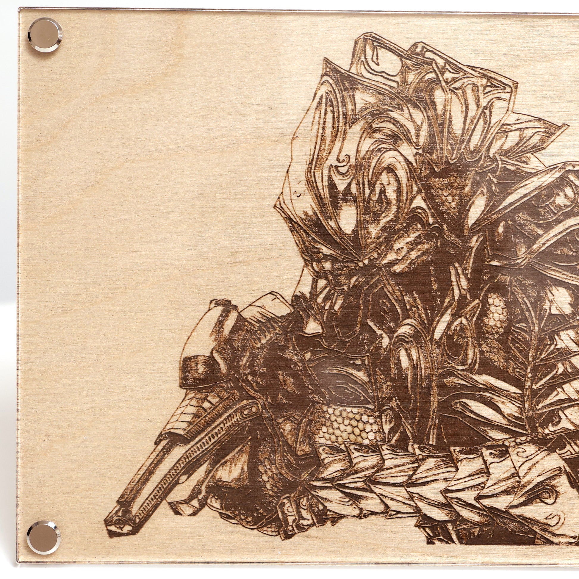 Close‑up of Halo Arbiter portrait engraving with wood frame