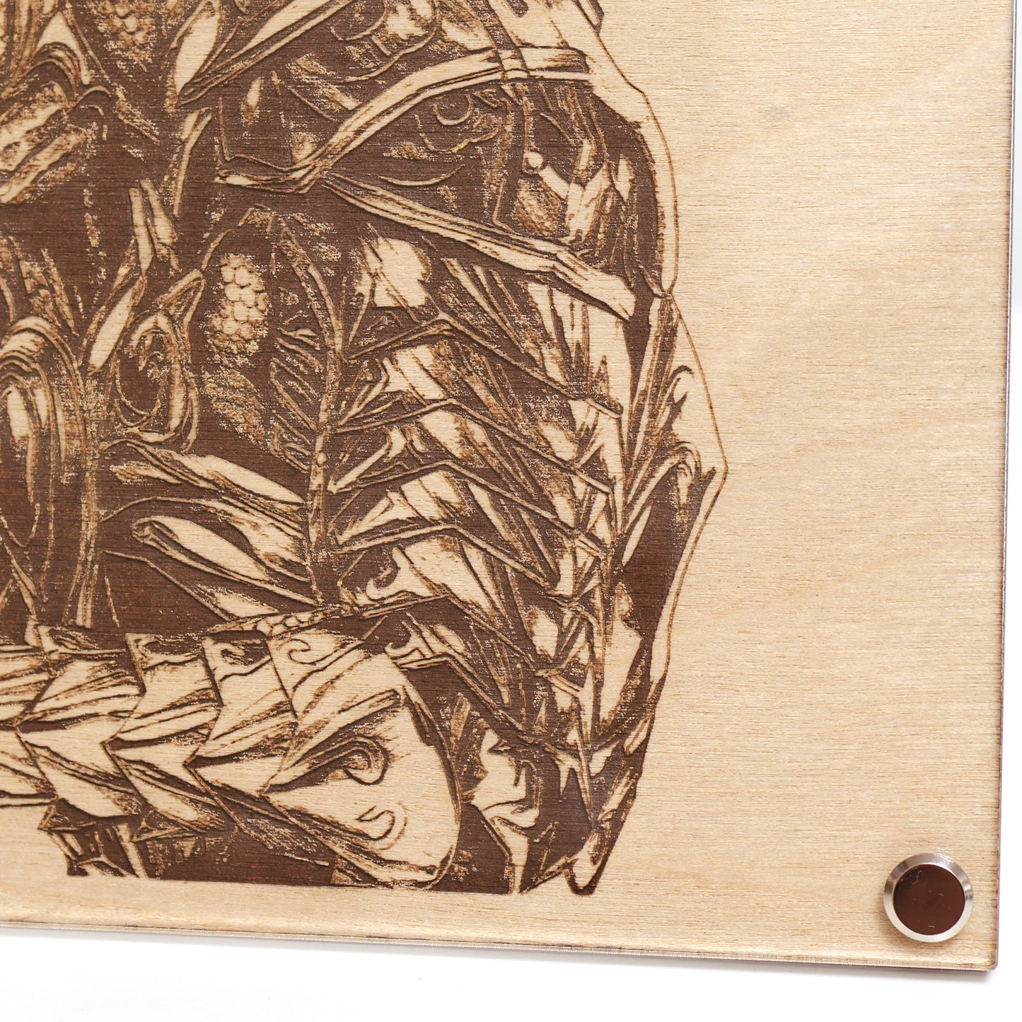 Close‑up on lower right corner of Halo Arbiter portrait engraving with wood frame