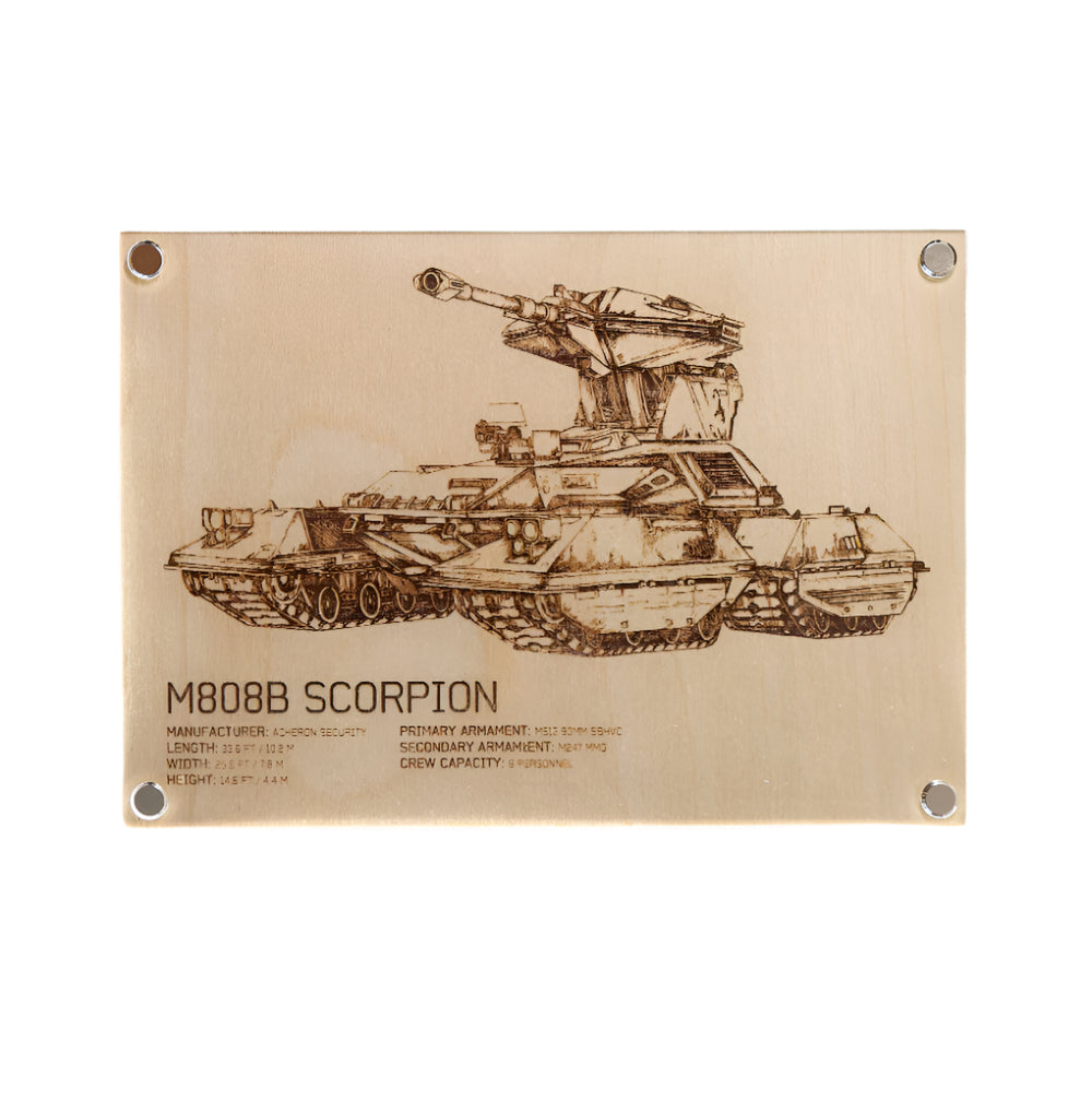 Unique interpretation of the iconic M808B Scorpion inspired by Halo. Illustrated by Entransing Art and laser etched on birch veneered timber, this piece combines classic aesthetics with a minimalist presentation. Available in A5 size and framed in trademarked LayaBoard design. 