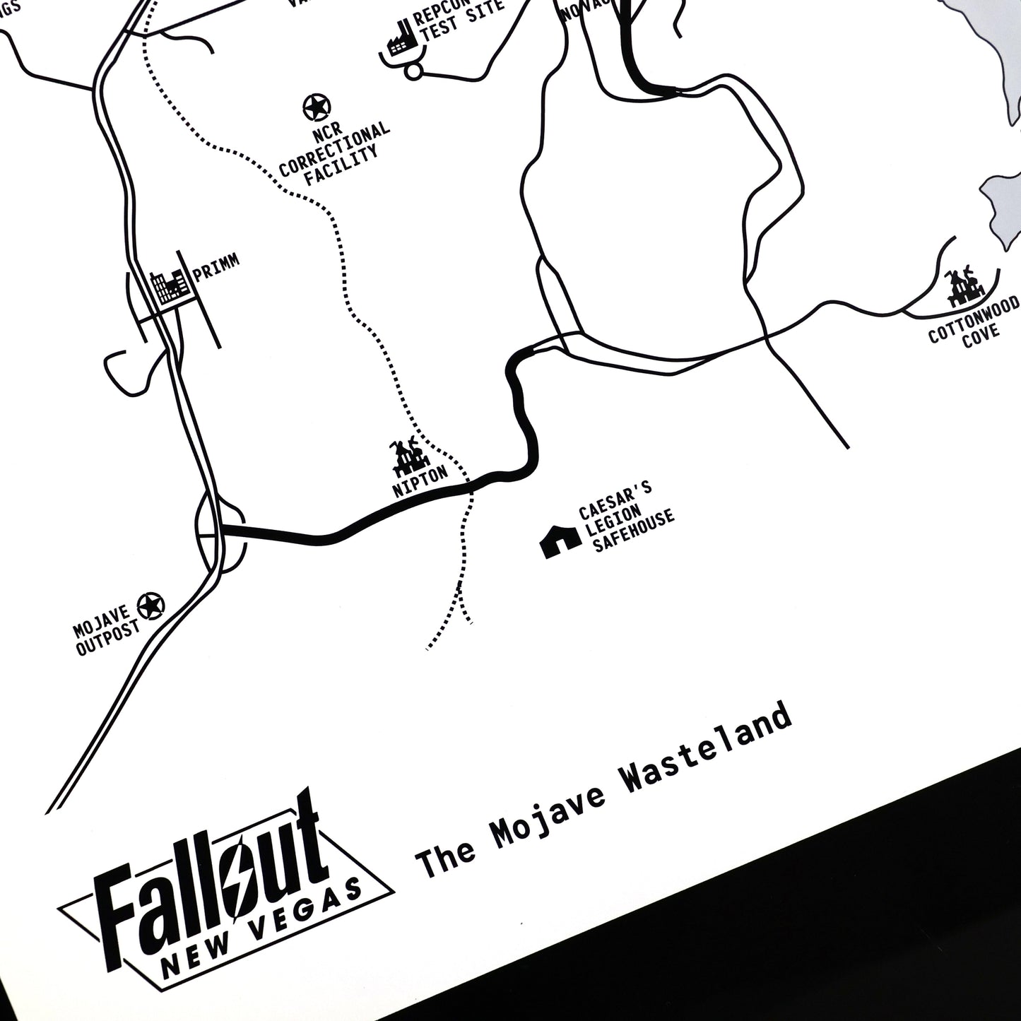 Lower left corner closeup of the Lore‑inspired Mojave Wasteland map from Fallout New Vegas.