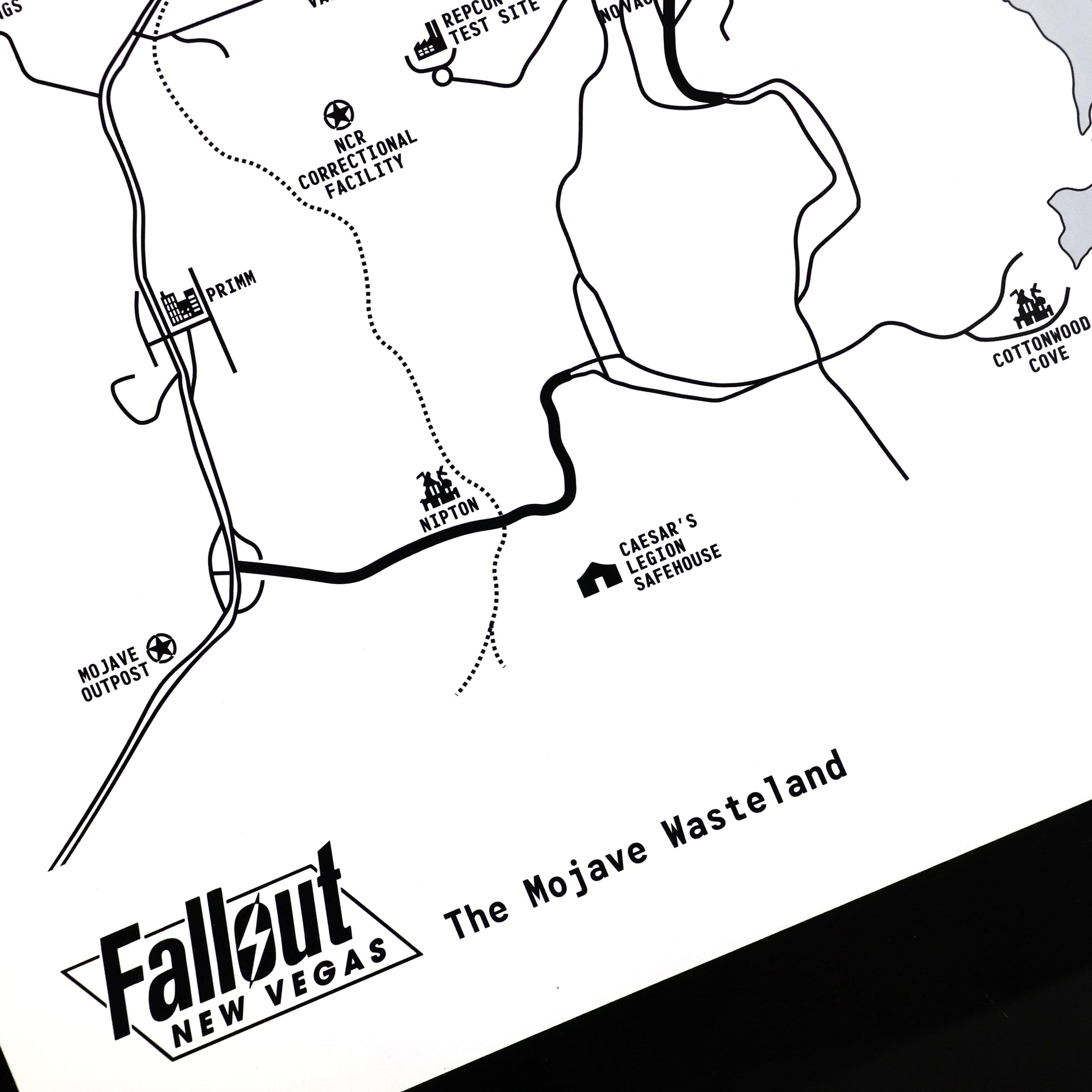 Lower left corner closeup of the Lore‑inspired Mojave Wasteland map from Fallout New Vegas.