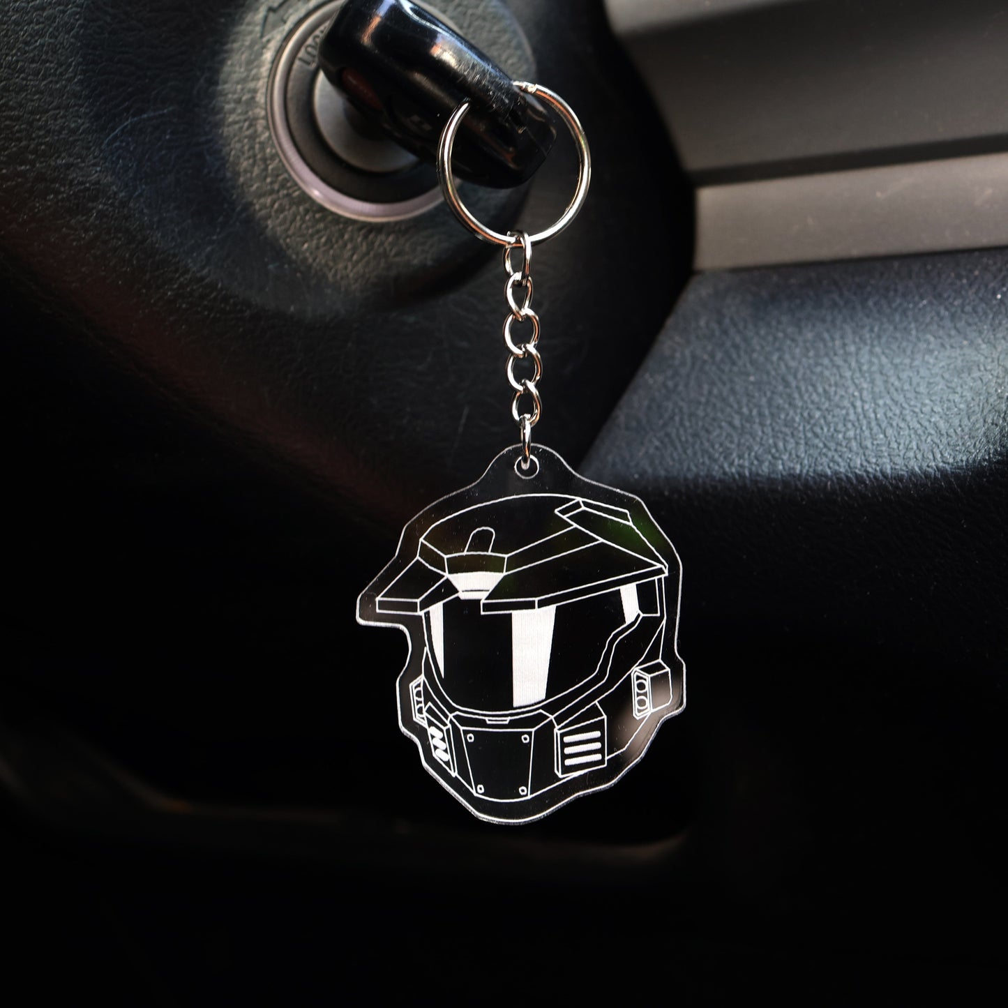 Halo Master Chief Helmet Mark V acrylic keyring attached to car keys, styled for everyday use