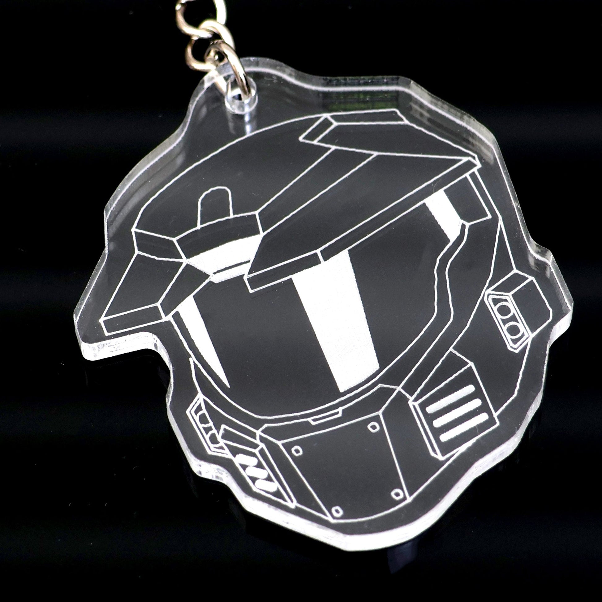 Clear acrylic keyring featuring Halo Master Chief Helmet Mark V design closeup.