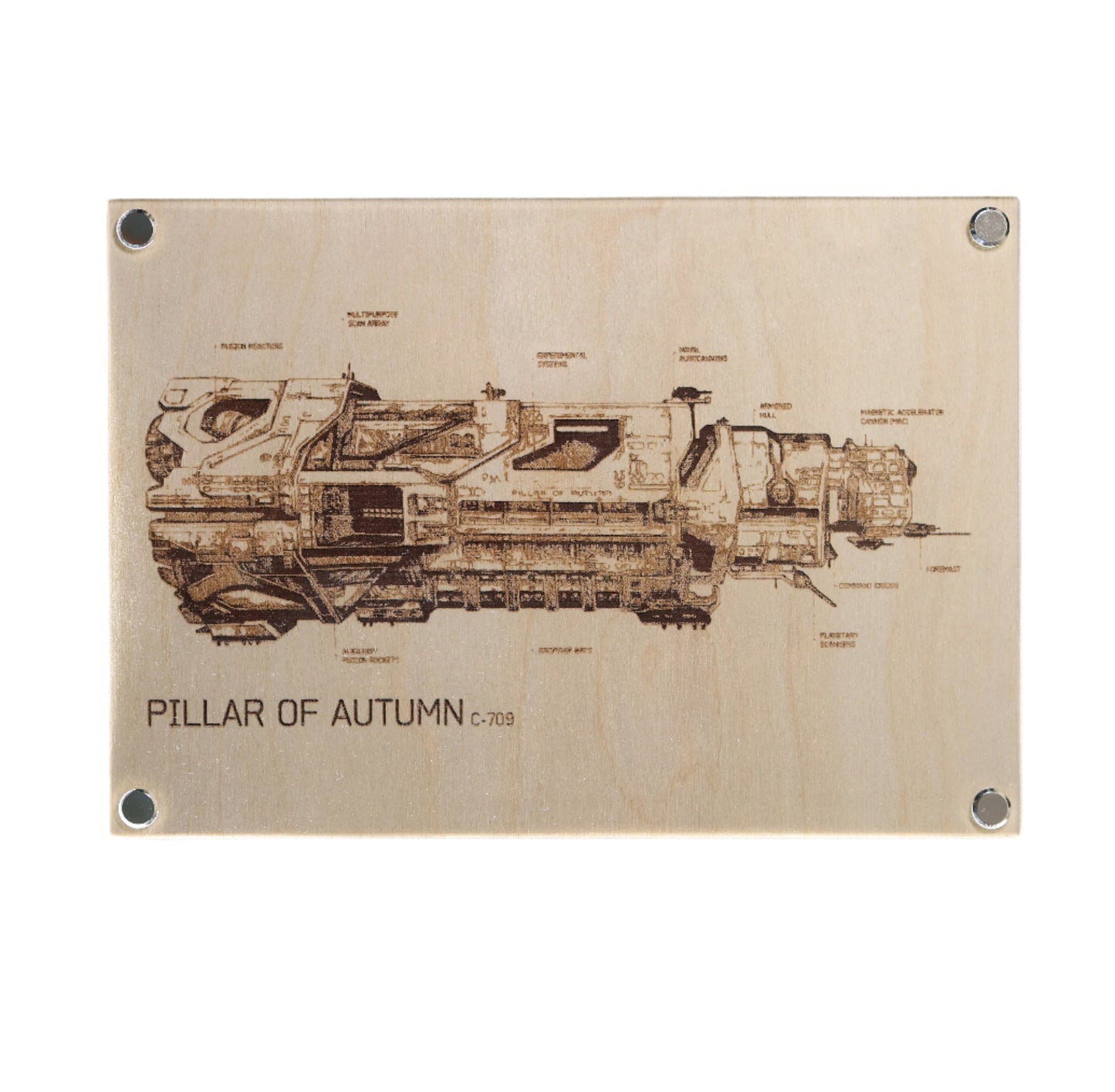 One-of-a-kind laser-engraved plaque showcasing the iconic Pillar of Autumn UNSC ship from Halo, in a detailed blueprint style. Illustrated by Entransing, this premium artwork combines the warmth of timber with minimalist acrylic.