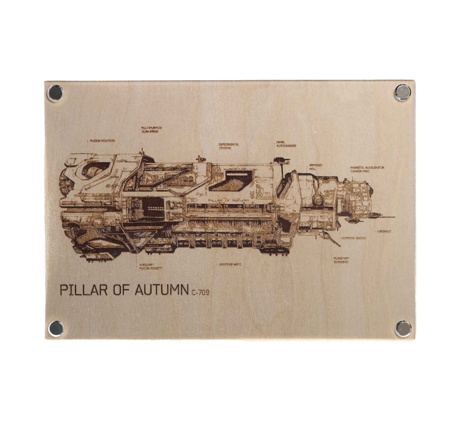 One-of-a-kind laser-engraved plaque showcasing the iconic Pillar of Autumn UNSC ship from Halo, in a detailed blueprint style. Illustrated by Entransing, this premium artwork combines the warmth of timber with minimalist acrylic.