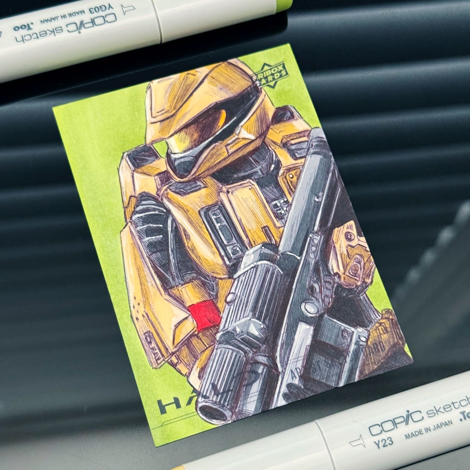 Halo 3 Scout helmet sketch card highlighting advanced‑material stealth armour, hand‑drawn by Entransing.