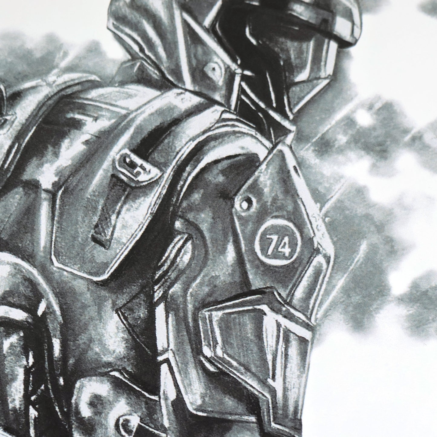 Side profile and close-up of a hand‑drawn Halo art print of an ODST trooper in a somber, reflective pose, capturing the bravery and legacy of the ODSTs. A4 matte fan art print for collectors.