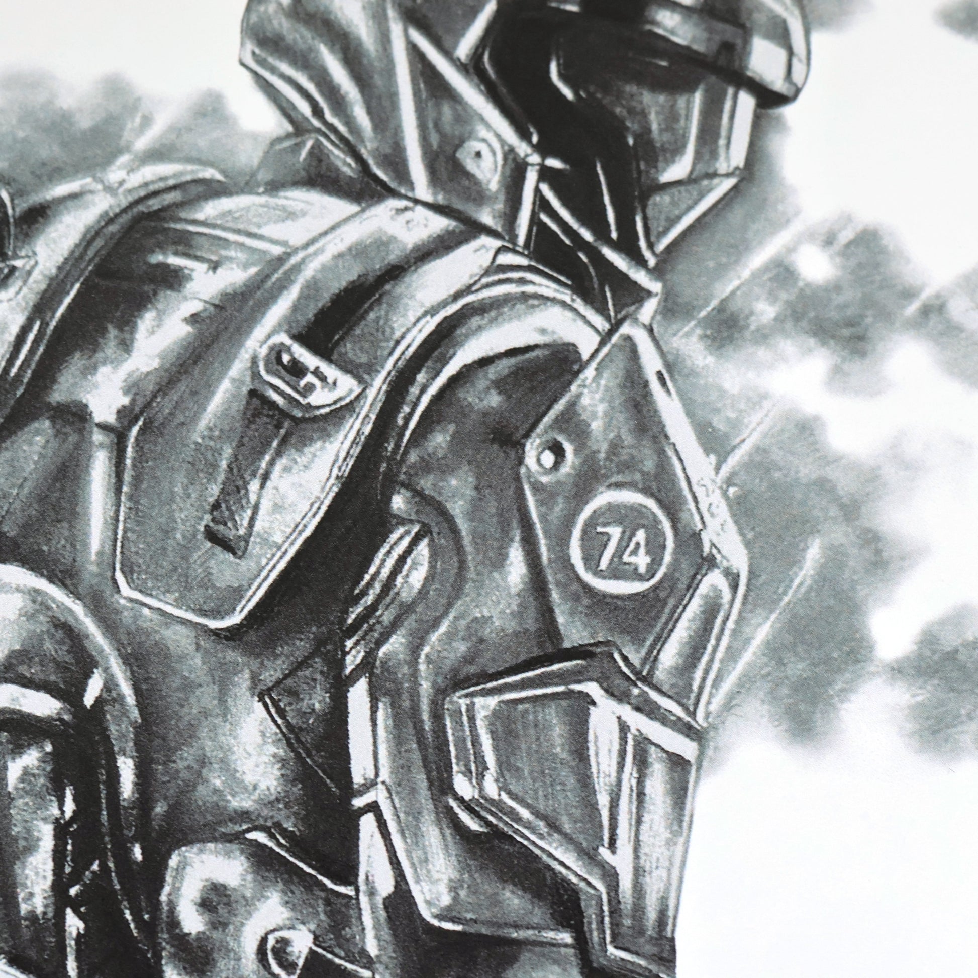 Side profile and close-up of a hand‑drawn Halo art print of an ODST trooper in a somber, reflective pose, capturing the bravery and legacy of the ODSTs. A4 matte fan art print for collectors.