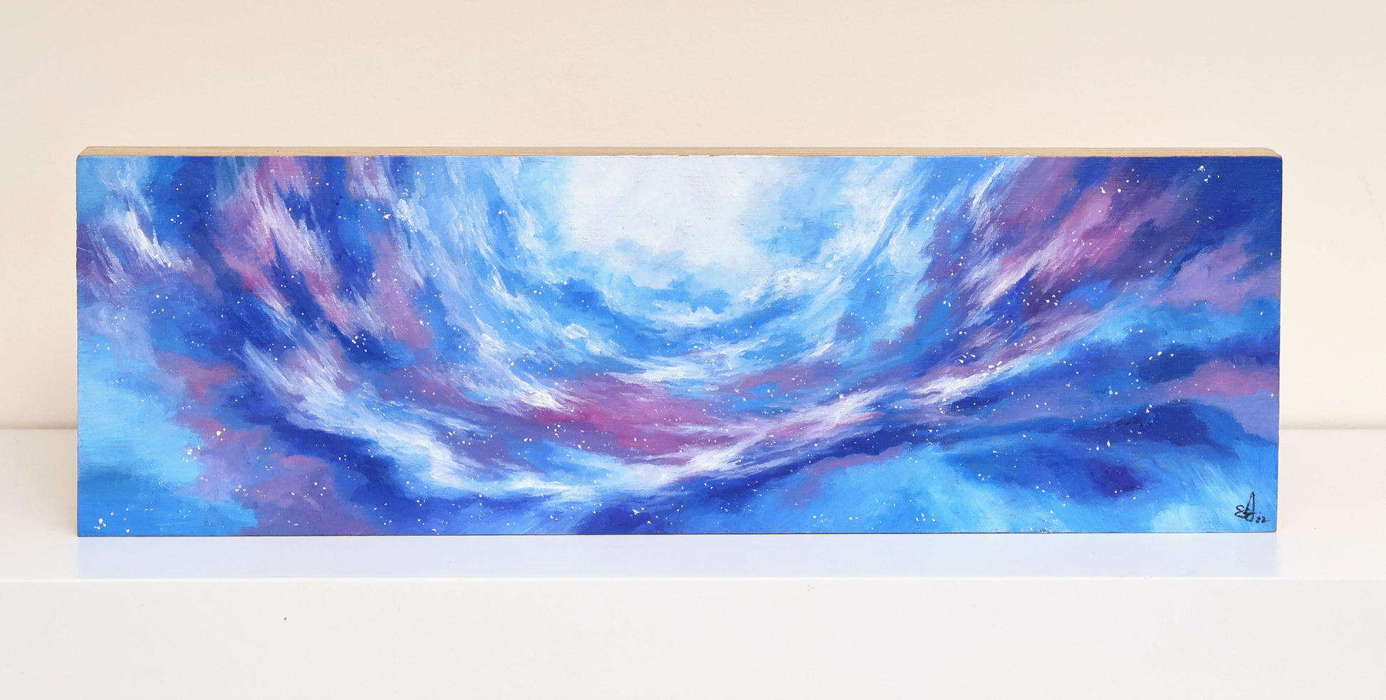Oil painting on wood panel with panoramic swirling colors of the ethereal beauty of Skyrim’s open skies and ancient echoes.