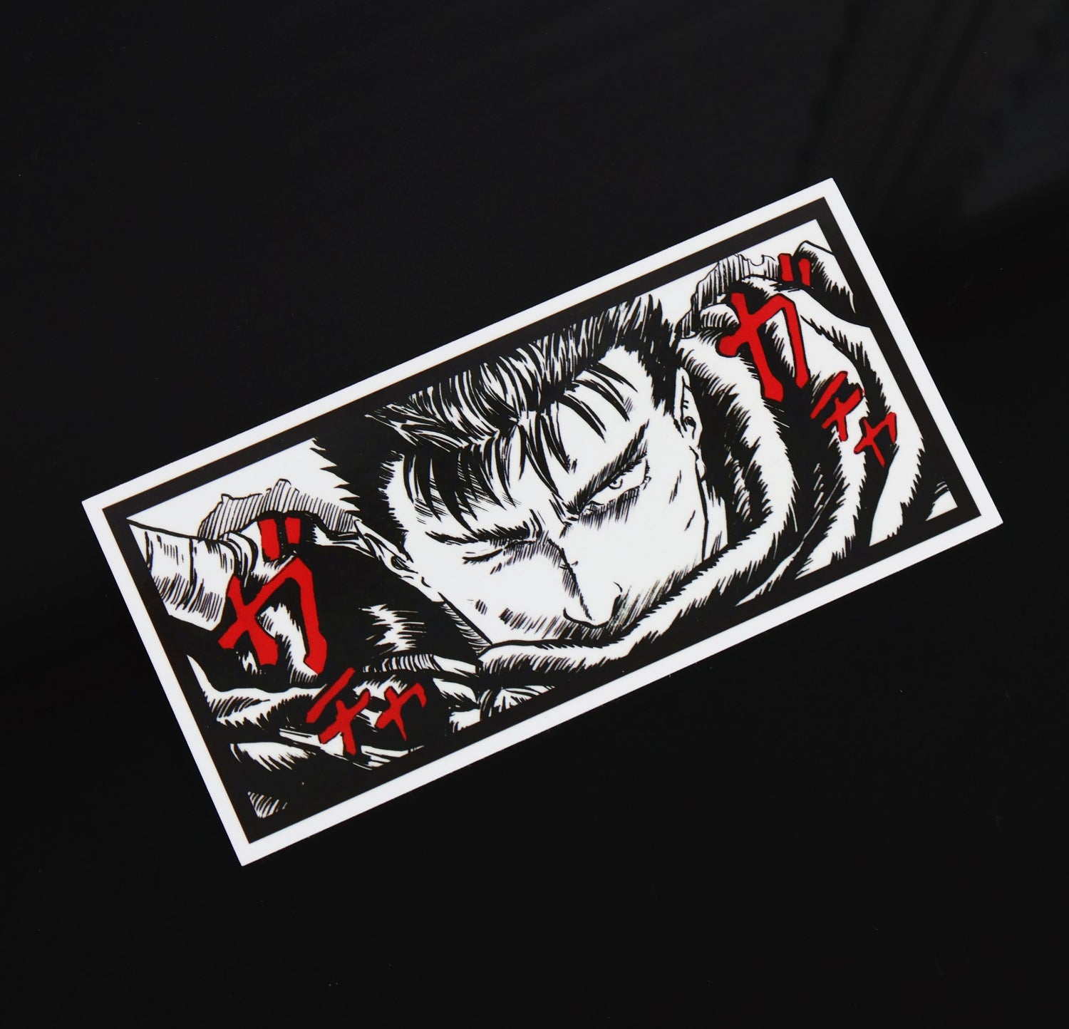 Berserk Guts Panel decal for Berserk art enthusiasts, features a vinyl base and lamination, suitable for both indoor and outdoor use. Dimension: Approx. 16cm x 7.5cm