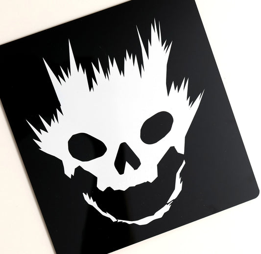Entransing's stylized Halo Emile skull helmet decal in white vinyl, ideal for cars, laptops, and fan collections.