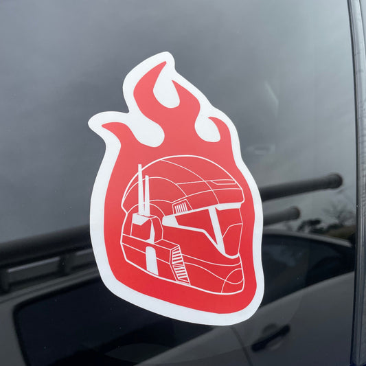 Halo - ODST Flame decal features a vinyl base and lamination, decorating a car window.
