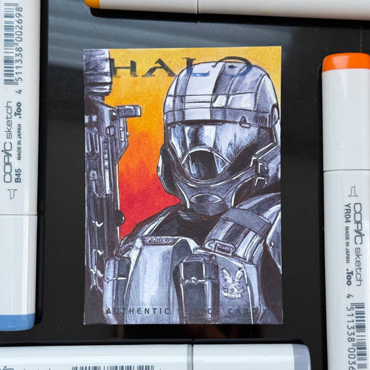 Original ODST Rookie trading card illustrated by Entransing with detailed armour linework.