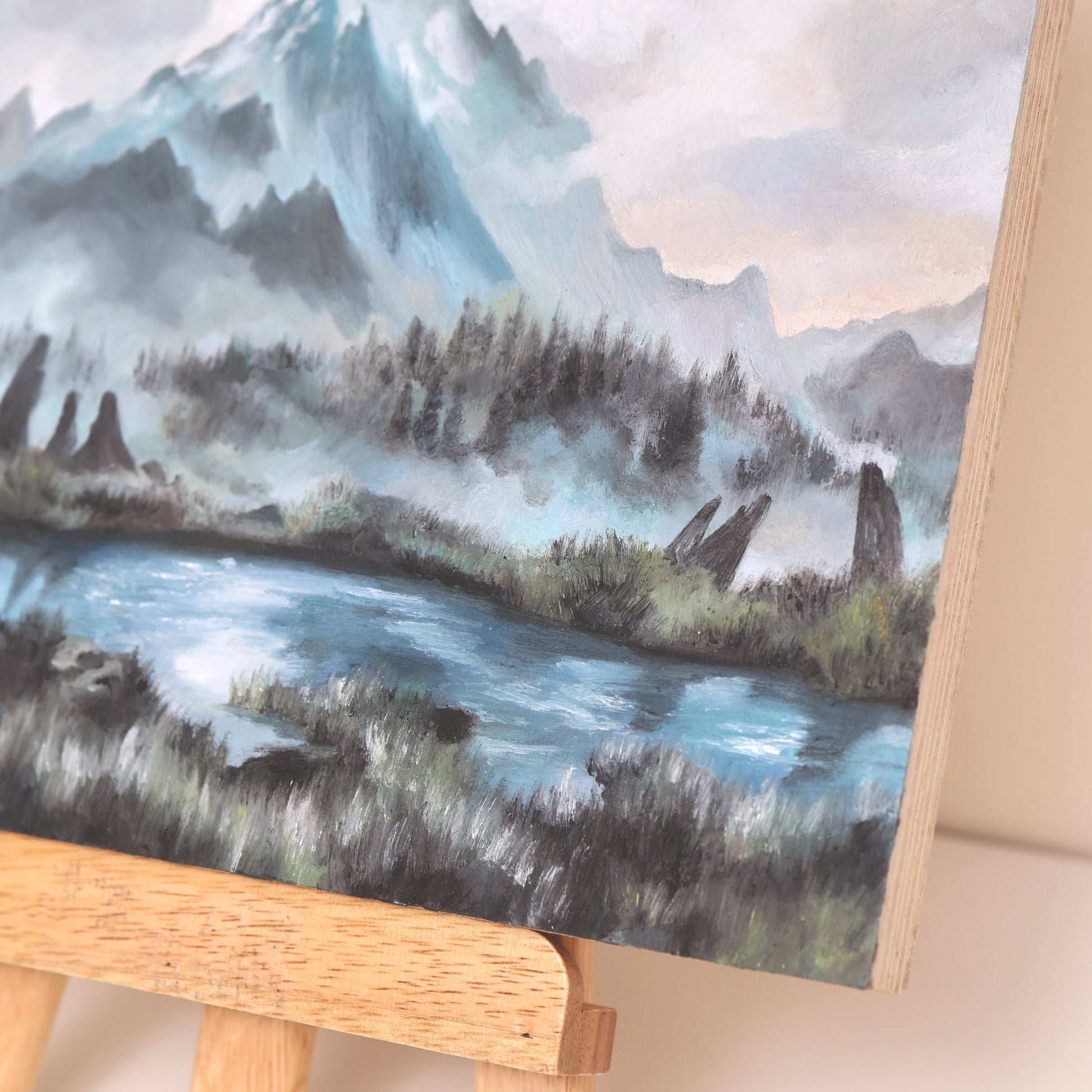 Closeup of original oil painting on wood panel depicting the Throat of the World from Skyrim. 