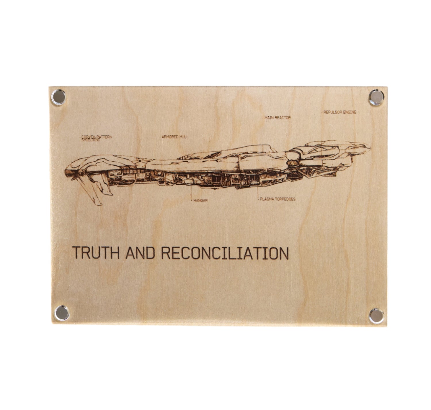 Laser engraved arkwork plaque, inspired by Halo. A representation of the legendary Covenant ship, the Truth and Reconciliation, in a blueprint style format with detailed annotations. This Truth and Reconciliation Ship Diagram LayaBoard Art combines classic aesthetics with a minimalist presentation. 