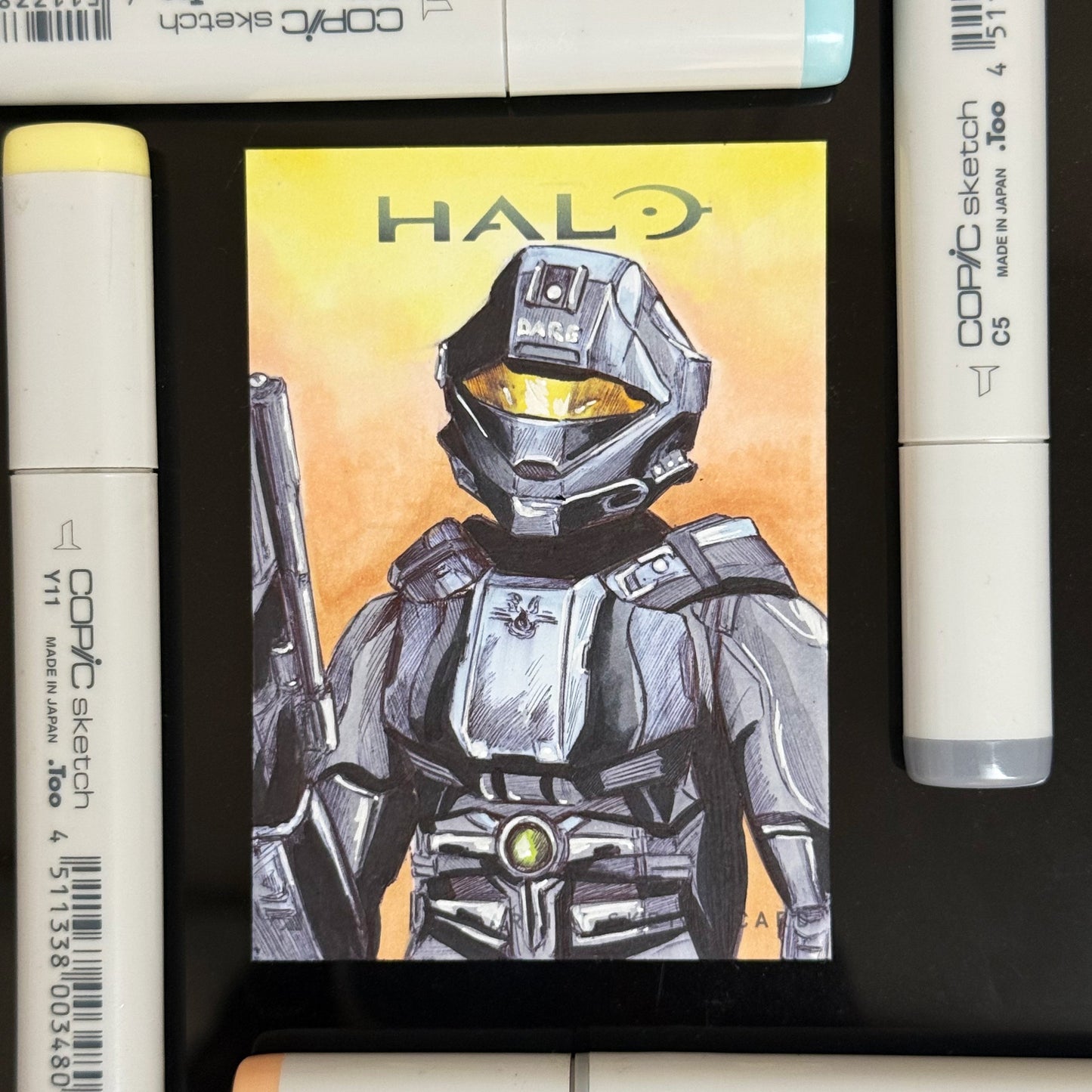 Veronica Dare, ONI intelligence officer from Halo 3, illustrated on a hand‑drawn sketch card.