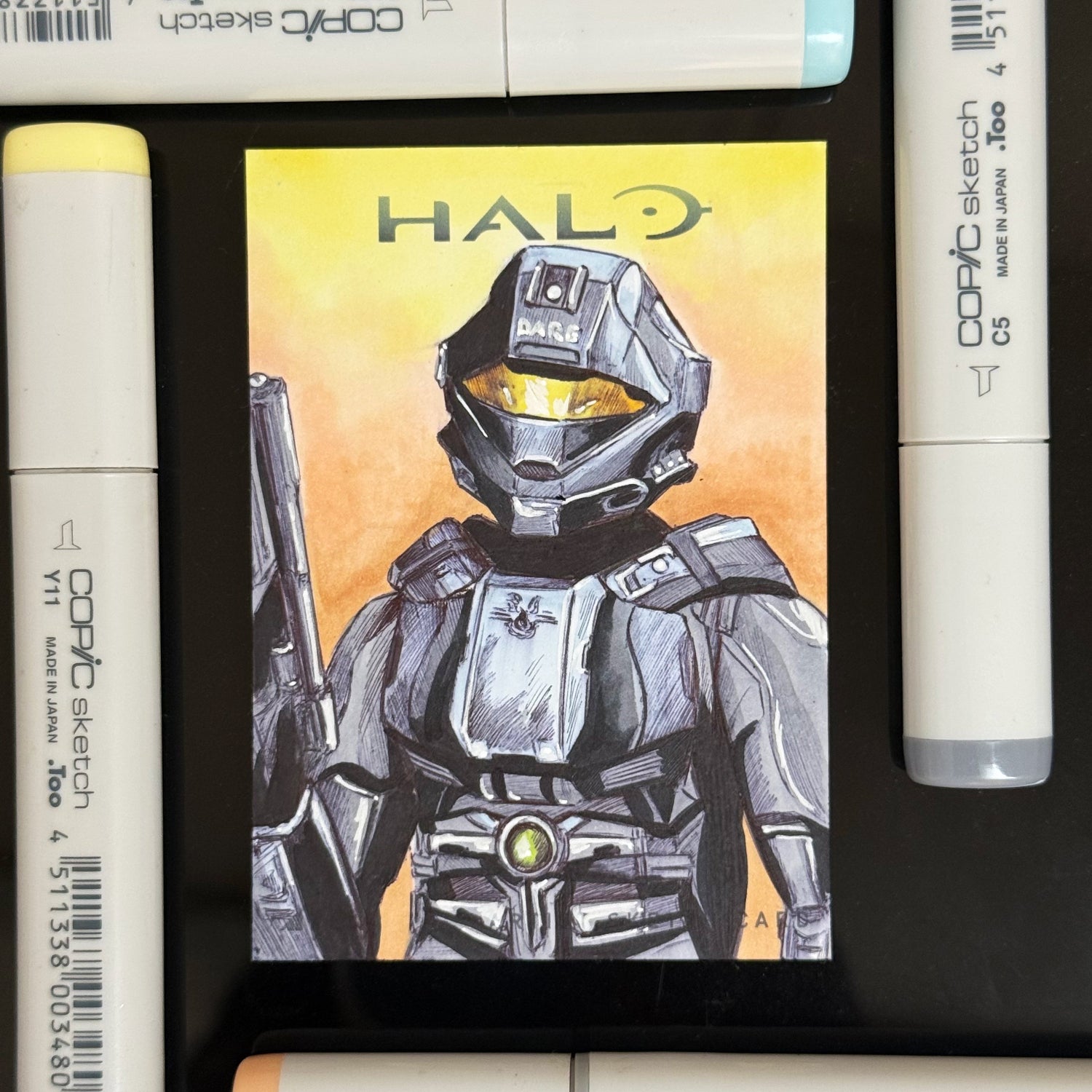 Veronica Dare, ONI intelligence officer from Halo 3, illustrated on a hand‑drawn sketch card.