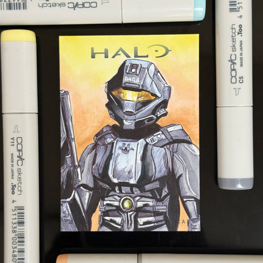 Veronica Dare, ONI intelligence officer from Halo 3, illustrated on a hand‑drawn sketch card.