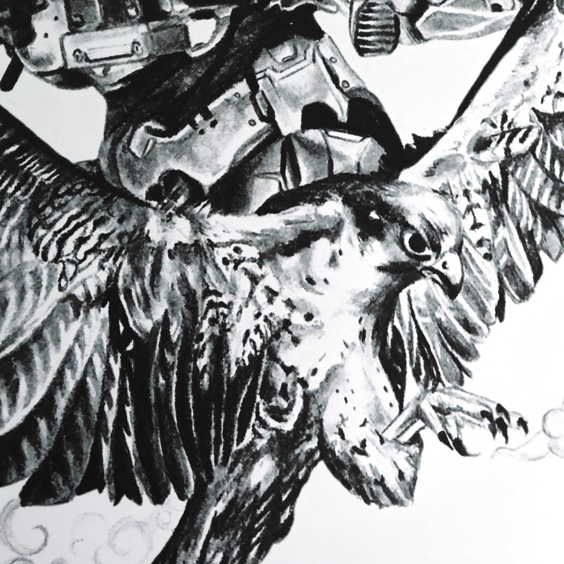 With close-up of falcon hand‑drawn Halo art print of the HAYABUSA armour, featuring its iconic samurai‑inspired design.