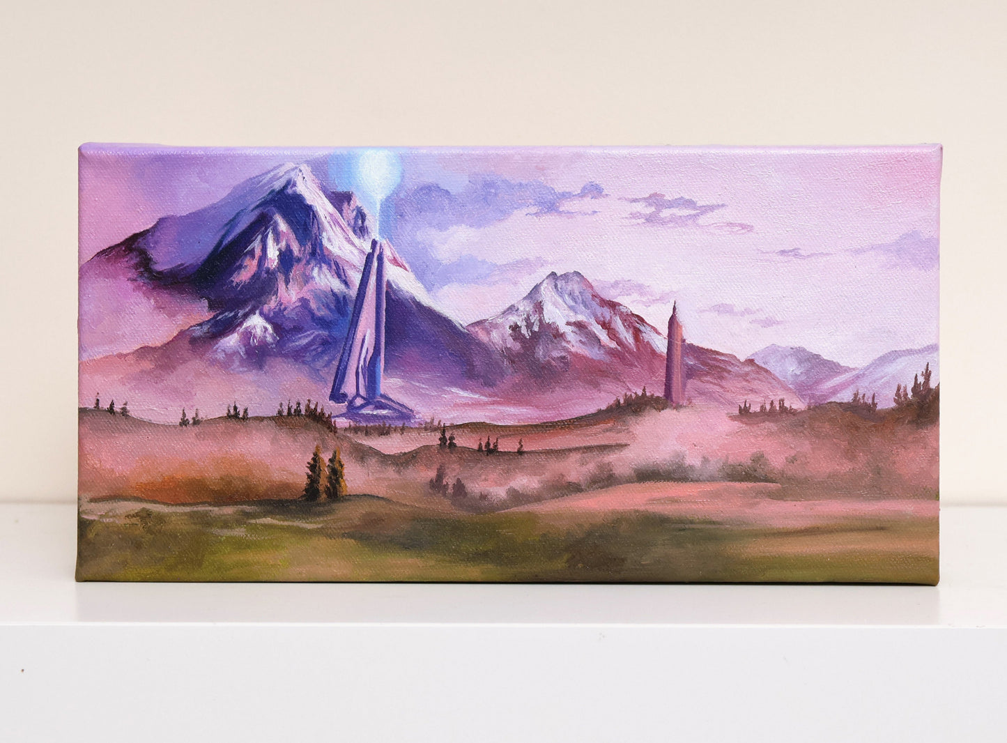Zeta Halo oil painting by Entransing,  an atmospheric painting of landscape with mountains and towers from Halo Infinite. 